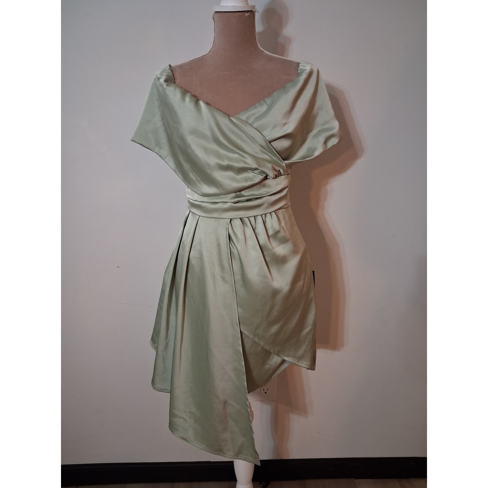 Lulus Sage Green Satin Off Shoulder Surplice Mini Dress Sz Large Assymetric New
